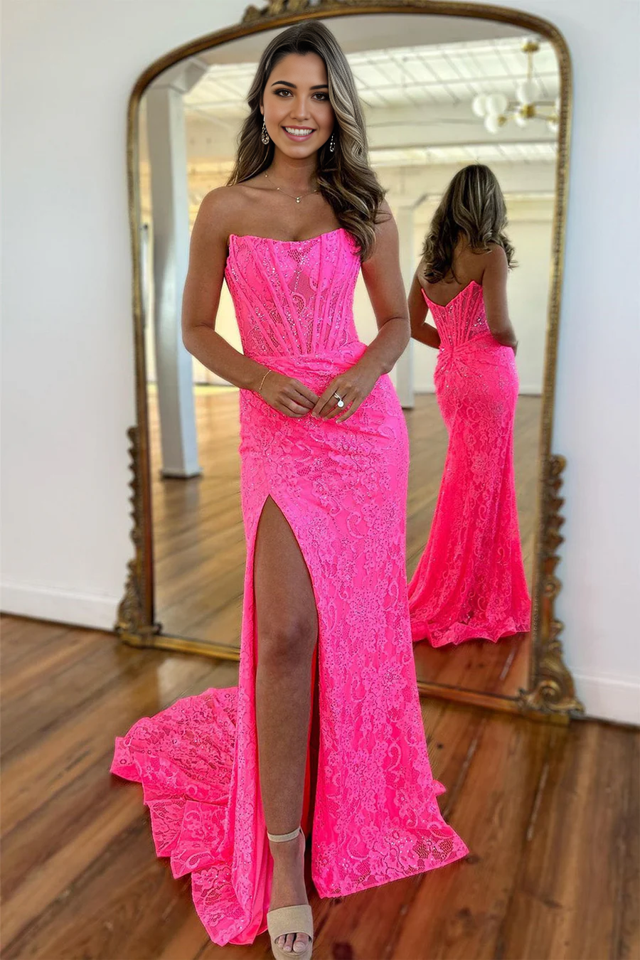 Mermaid Strapless Sweep Train Lace Pink Prom Dress With Slit